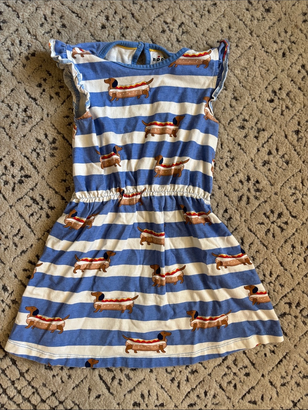 Mini Boden Girls Blue & White Striped Dress with Hot Dog Dachshund Print sz 4-5T